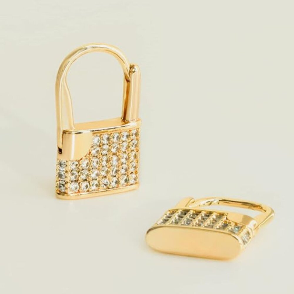18k Gold Plated Rhinestone Padlock Huggie Hoop Earrings